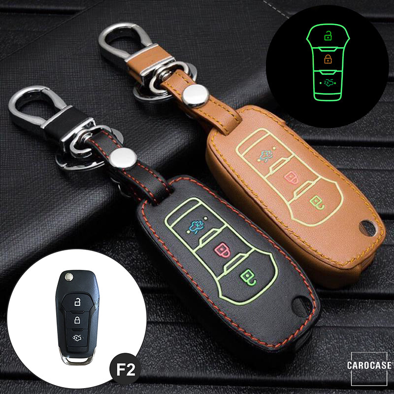 Leder Schlüssel Cover passend für Ford Schlüssel LEUCHTEND! LEK2-F2