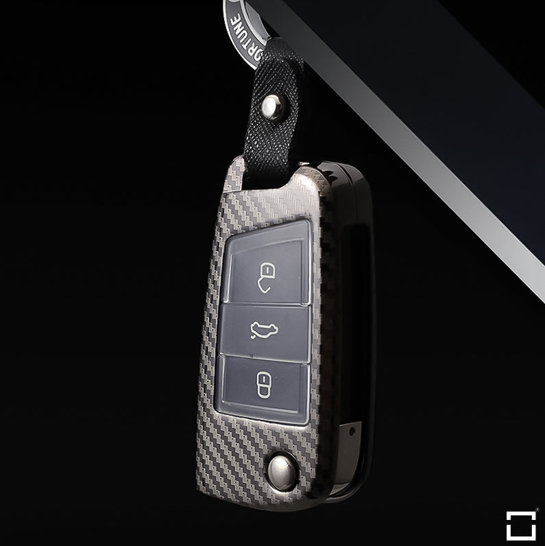 Premium Carbon-Look Aluminium-Zink Schlüssel Cover passend für Volkswagen,  Skoda, Seat Schlüssel HEK32-V3-S226