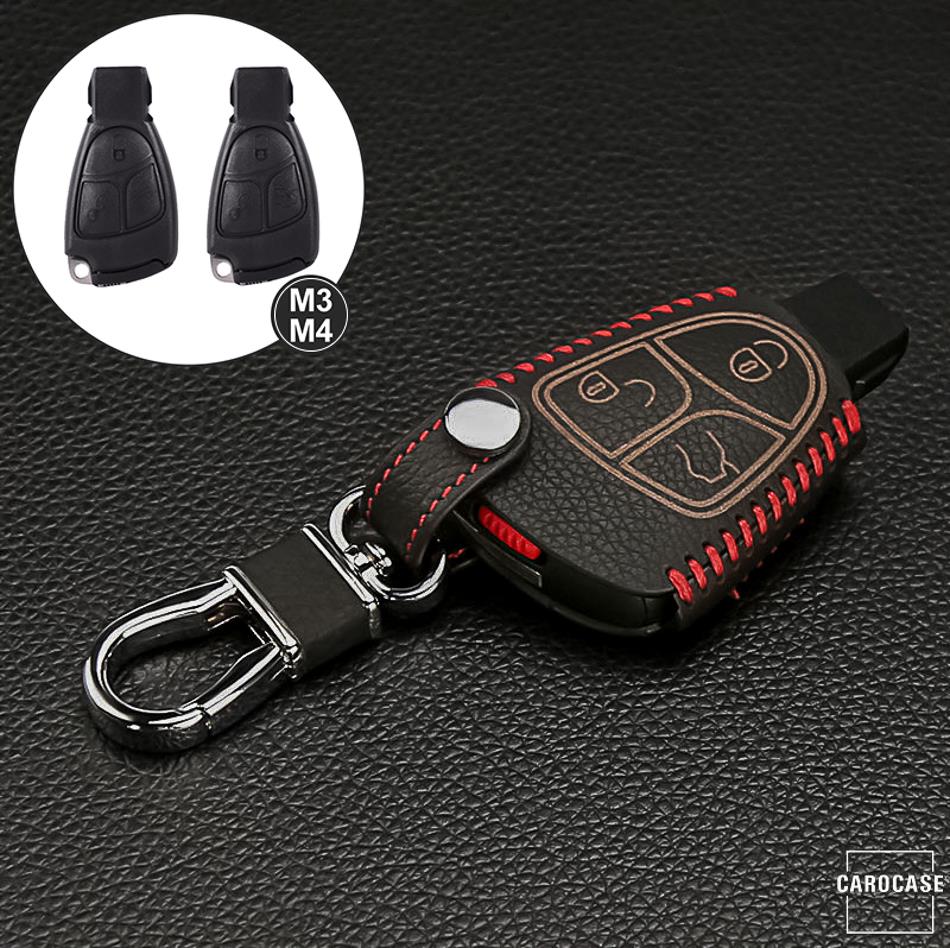 Leather key cover including carabiner hook suitable for Mercedes-Benz key LEK37-M4