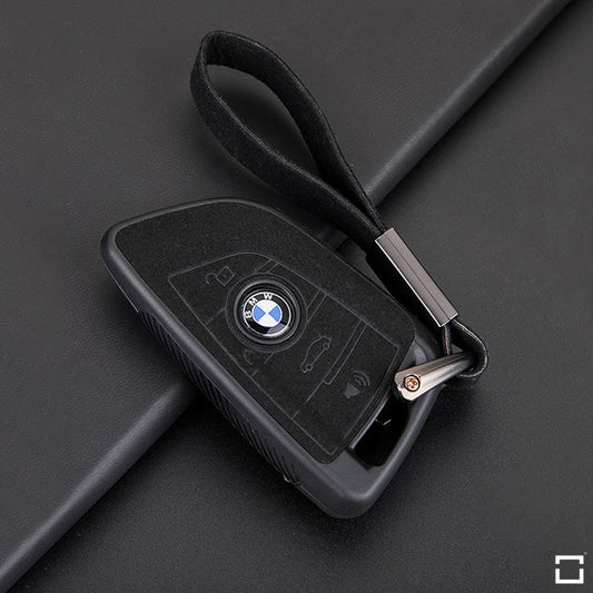 Silicone Alcantara protective cover suitable for BMW key + leather strap + carabiner SEK12-B7