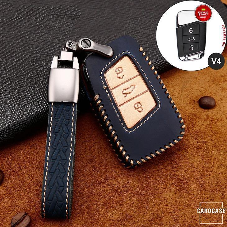 Premium Leder Cover passend für Volkswagen, Skoda, Seat Autoschlüssel inkl. Lederband und Karabiner  LEK31-V4