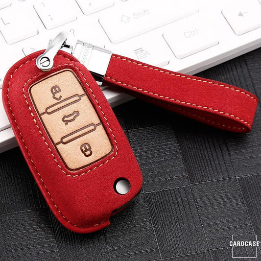 Premium leather key cover / protective cover (LEK59) suitable for Volkswagen, Skoda, Seat keys including leather strap