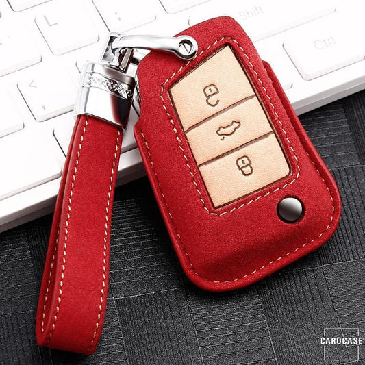 Premium leather key cover / protective cover (LEK59) suitable for Volkswagen, Audi, Skoda, Seat keys including leather strap