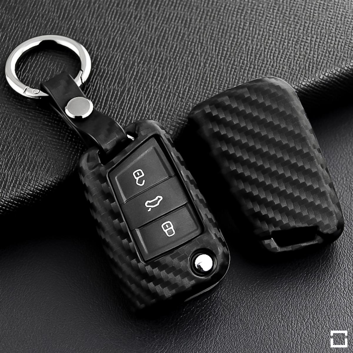 Silikon Carbon-Look Schlüssel Cover passend für Volkswagen, Skoda, Seat Schlüssel schwarz SEK3-V3