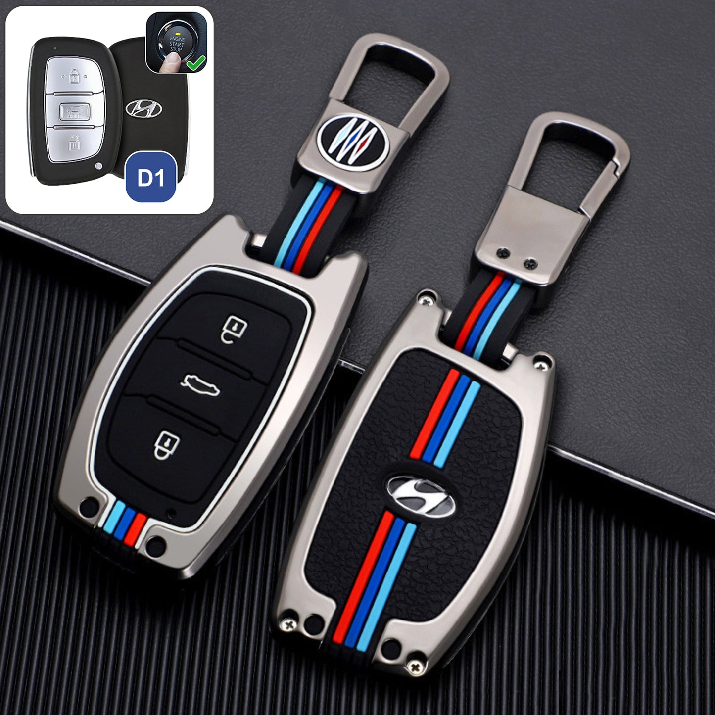 Premium Alu Schlüssel Cover für Hyundai Schlüssel mit Silikon Tastenschutz + Nachleuchtend  HEK10-D1