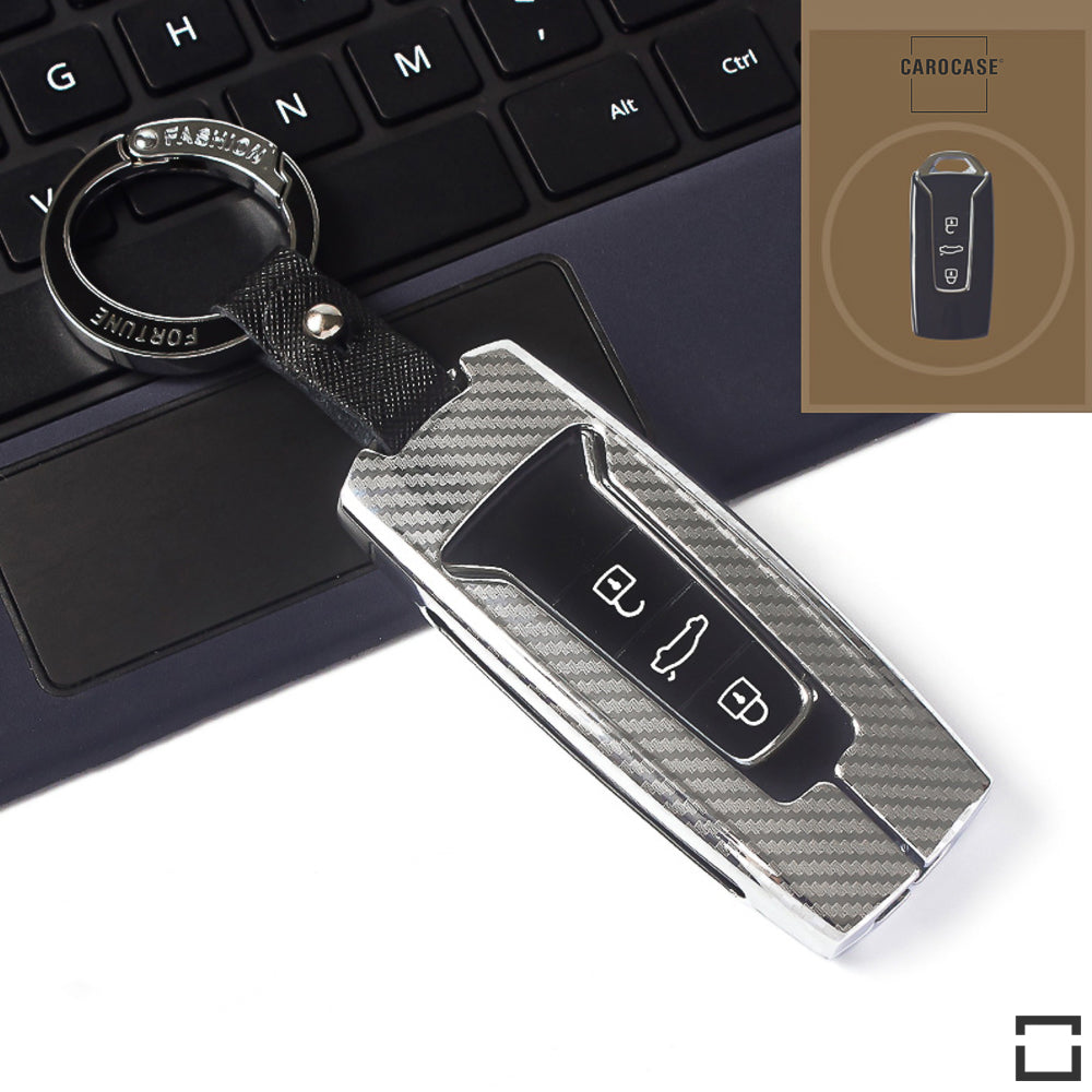 Premium carbon-look aluminum, aluminum-zinc key cover suitable for Volkswagen key HEK32-V9X-S129