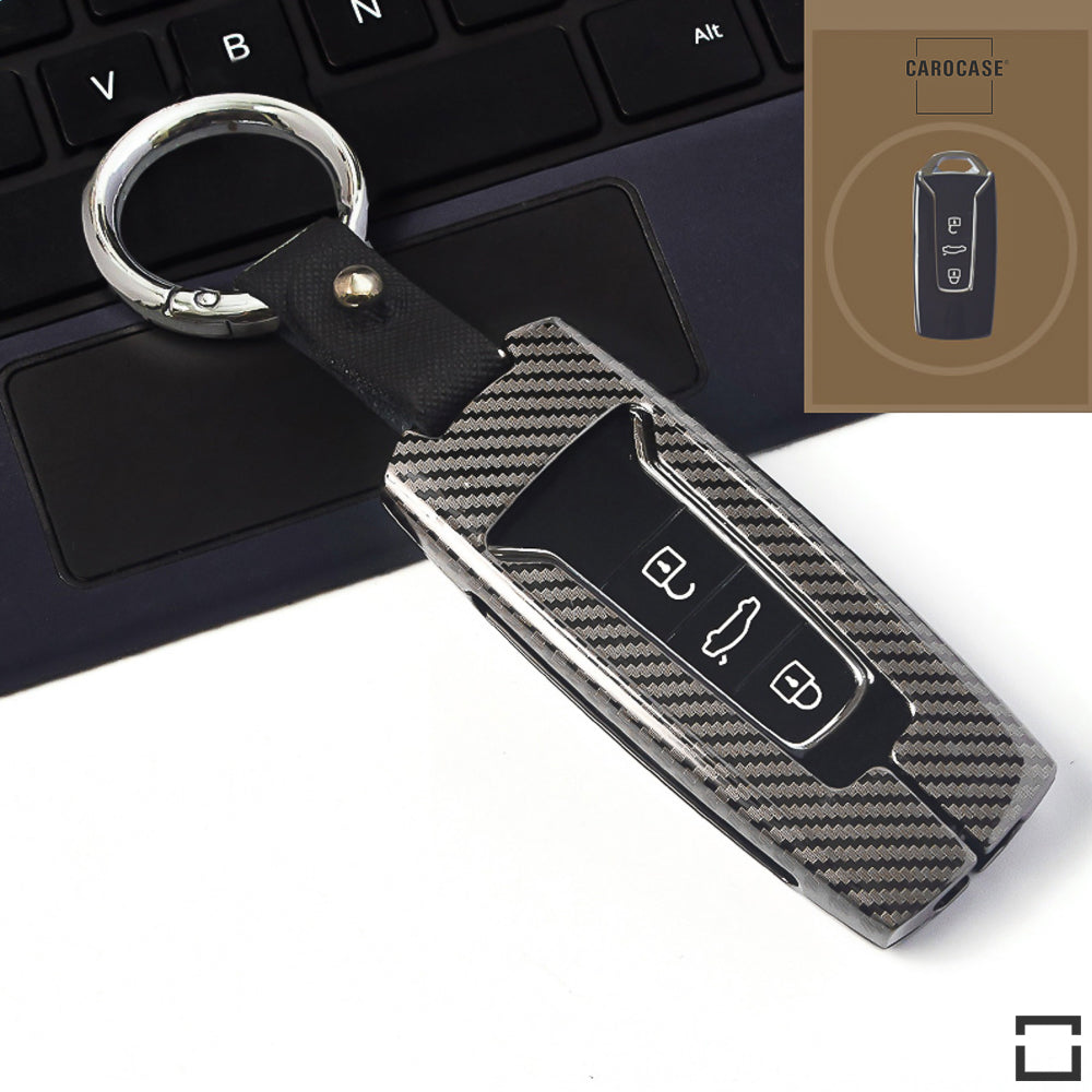 Premium carbon-look aluminum, aluminum-zinc key cover suitable for Volkswagen key HEK32-V9X-S129