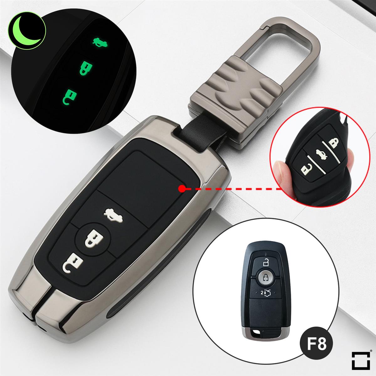 Key cover with silicone button cover (luminous) suitable for Ford car key HEK54-F8-S114