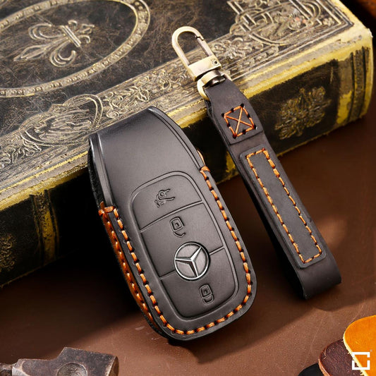 Premium leather key cover / protective cover (LEK64) suitable for Mercedes-Benz keys including carabiner + leather strap