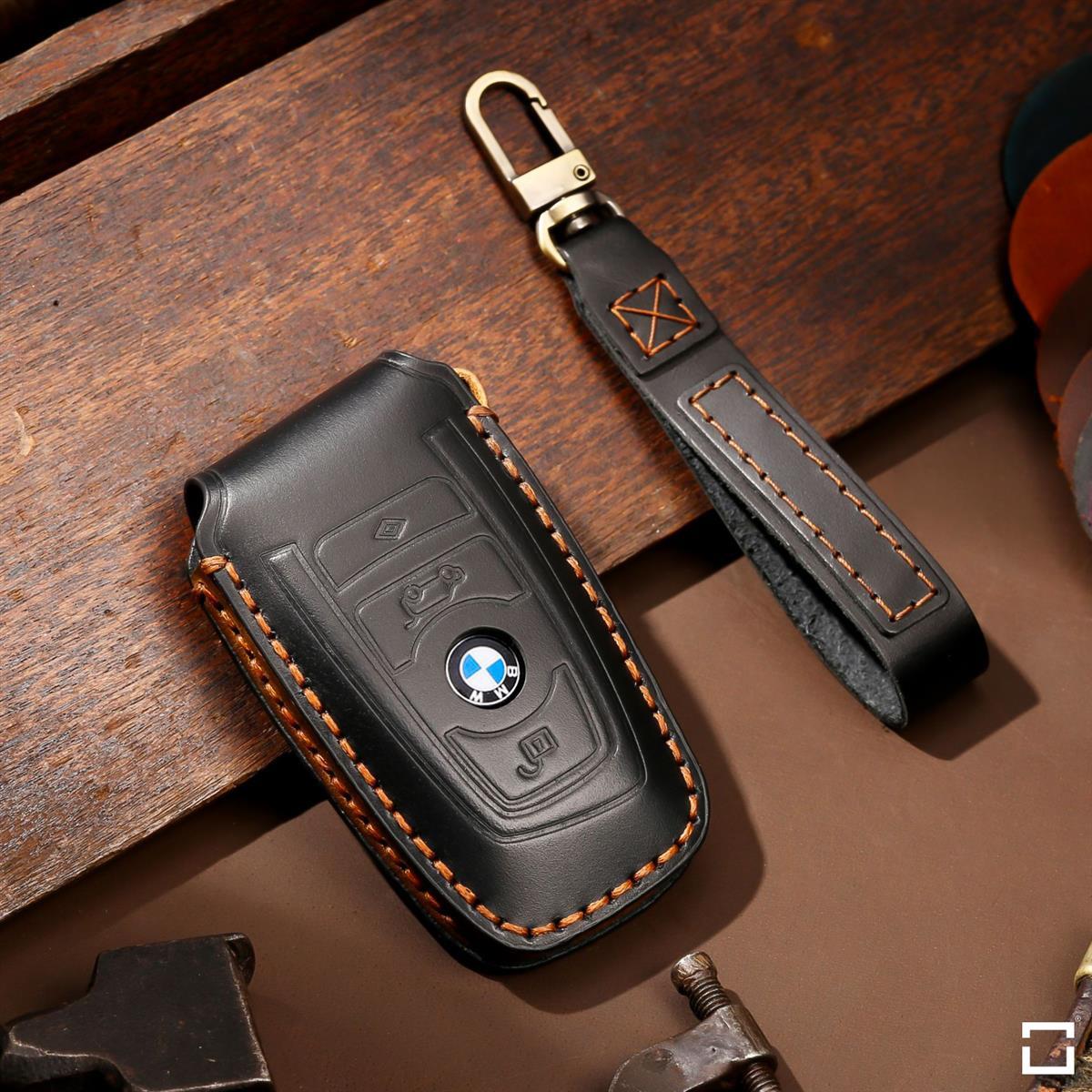 Premium leather key cover / protective cover (LEK64) suitable for BMW keys including carabiner + leather strap