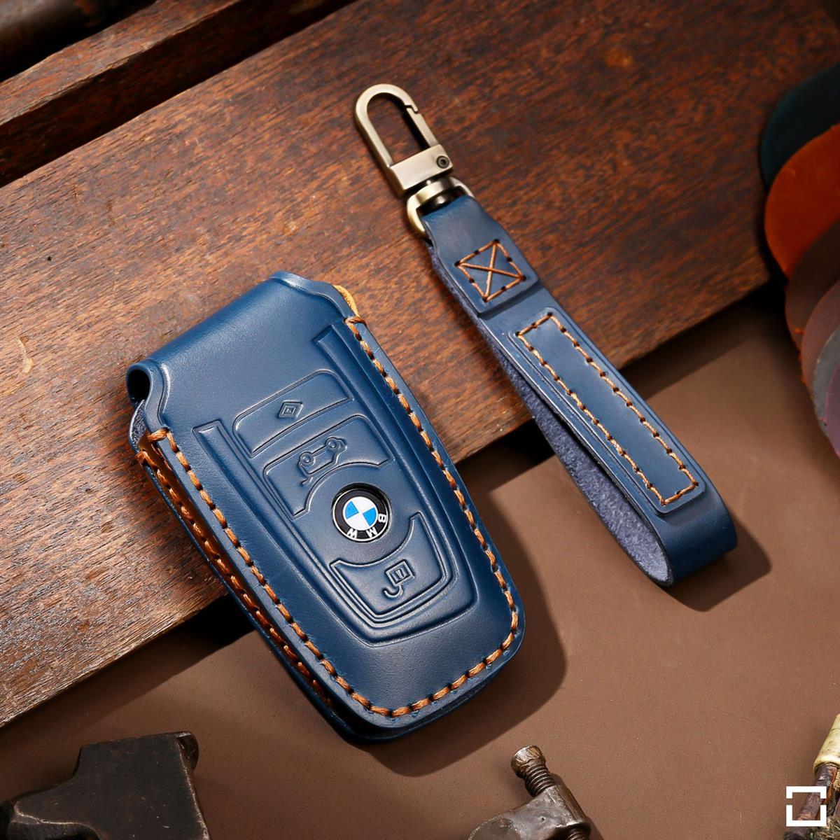 Premium leather key cover / protective cover (LEK64) suitable for BMW keys including carabiner + leather strap