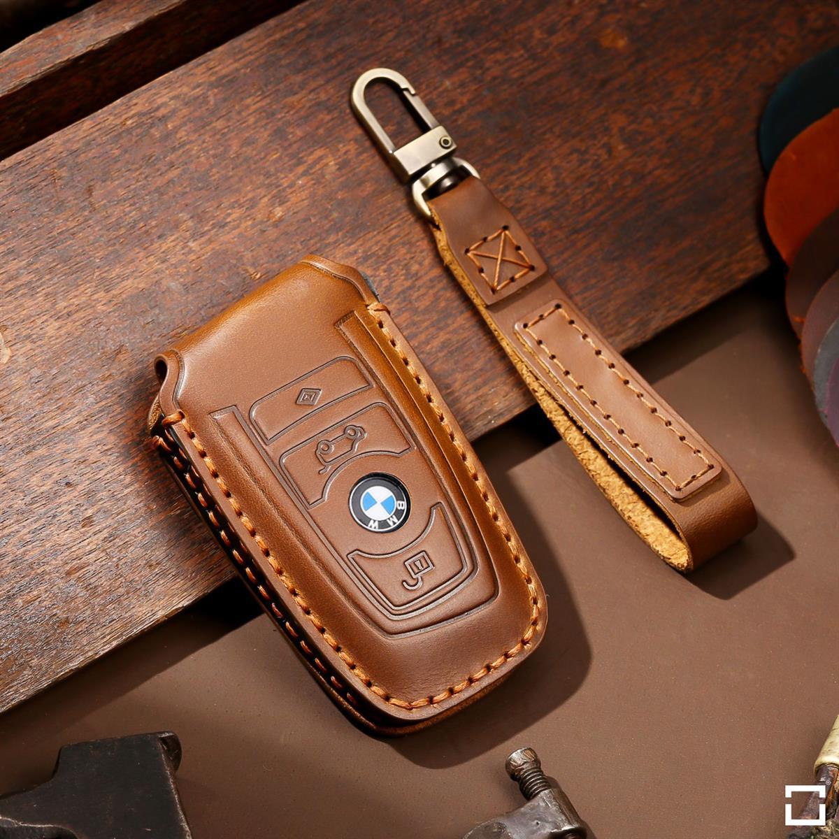 Premium leather key cover / protective cover (LEK64) suitable for BMW keys including carabiner + leather strap