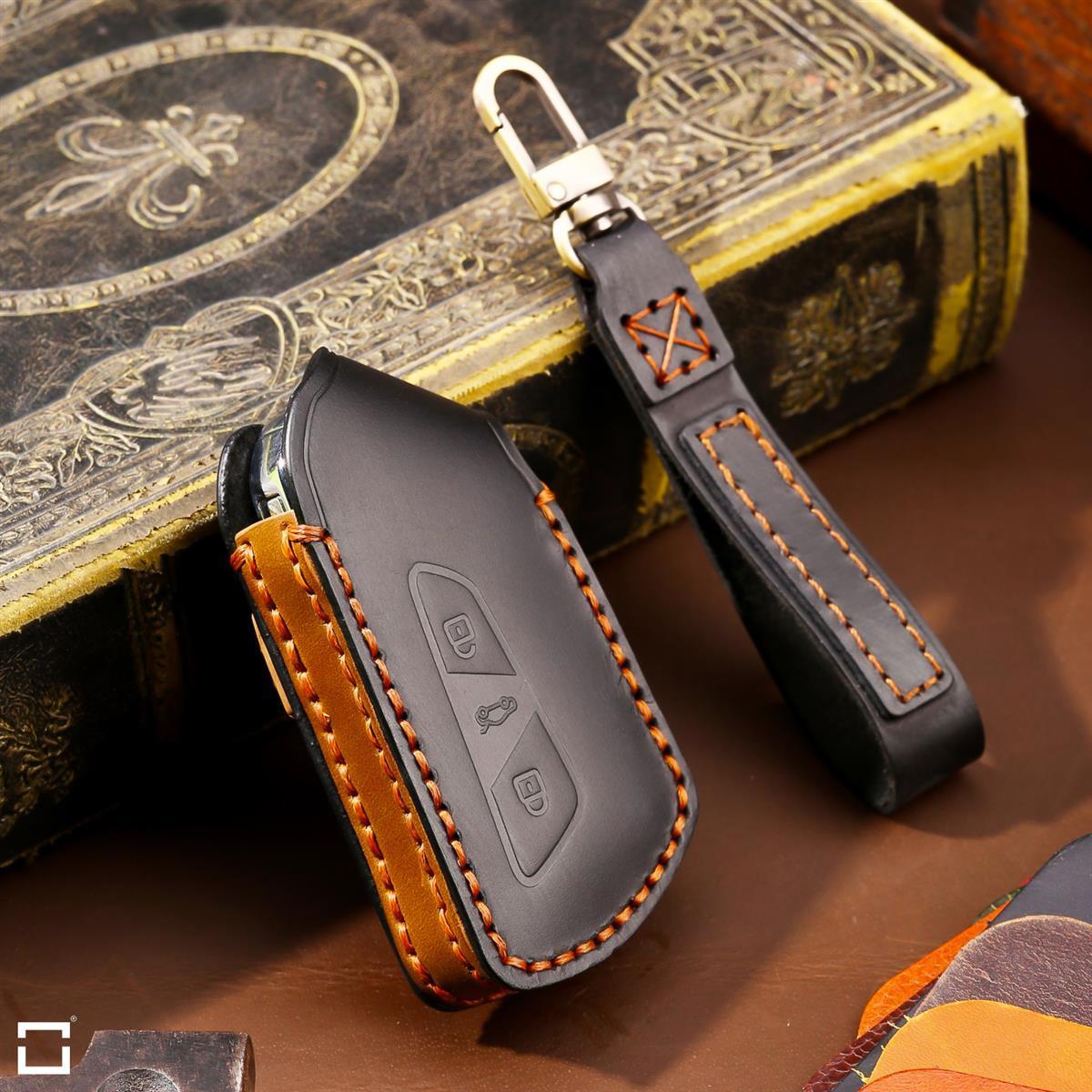 Premium leather key cover / protective cover (LEK64) suitable for Volkswagen, Skoda, Seat keys including carabiner + leather strap