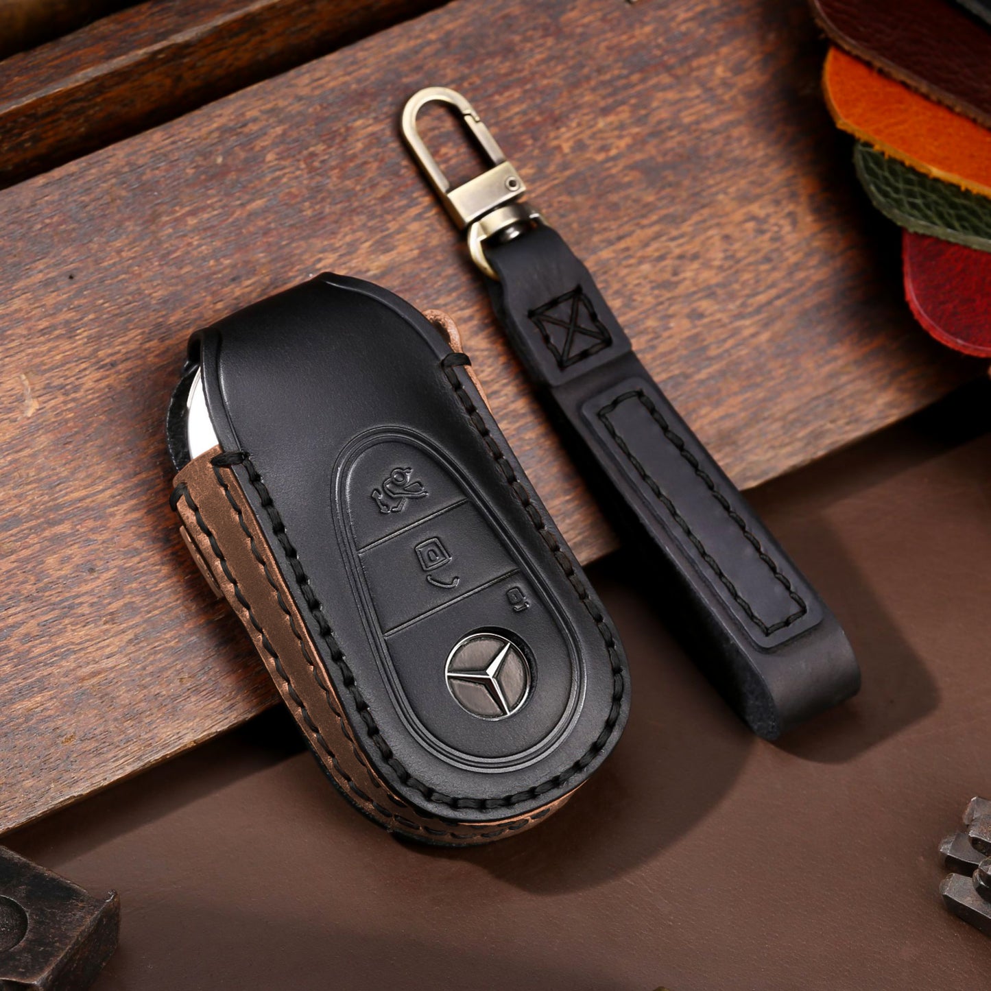 Premium leather key cover / protective cover (LEK64) suitable for Mercedes-Benz keys including carabiner + leather strap