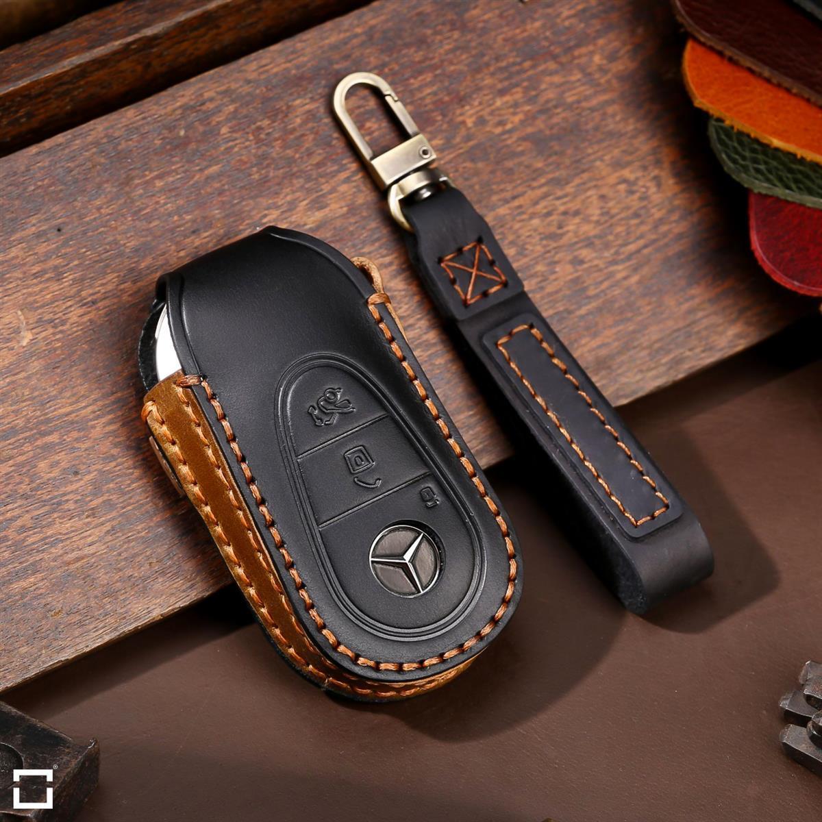 Premium leather key cover / protective cover (LEK64) suitable for Mercedes-Benz keys including carabiner + leather strap