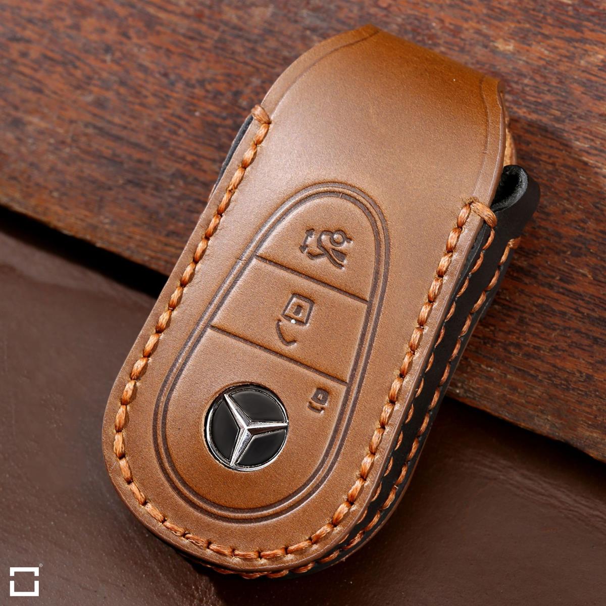 Premium leather key cover / protective cover (LEK64) suitable for Mercedes-Benz keys including carabiner + leather strap