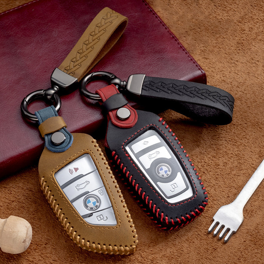 Premium leather key cover / protective cover (LEK66) suitable for BMW keys including carabiner + leather strap