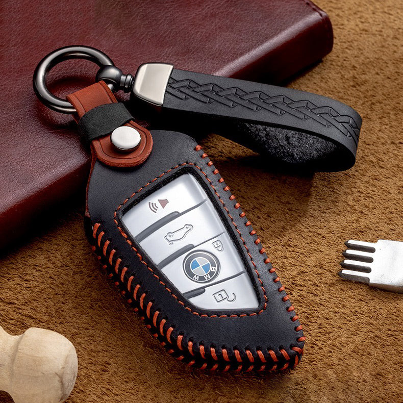 Premium leather key cover / protective cover (LEK66) suitable for BMW keys including carabiner + leather strap