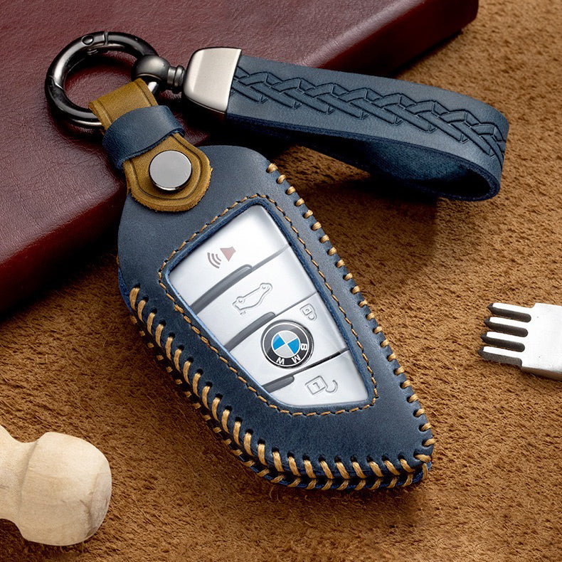 Premium leather key cover / protective cover (LEK66) suitable for BMW keys including carabiner + leather strap