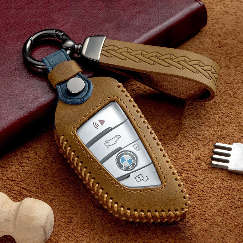 Premium leather key cover / protective cover (LEK66) suitable for BMW keys including carabiner + leather strap