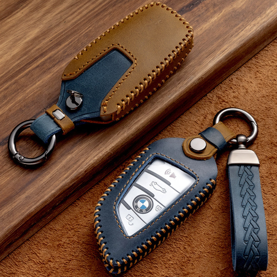 Premium leather key cover / protective cover (LEK66) suitable for BMW keys including carabiner + leather strap