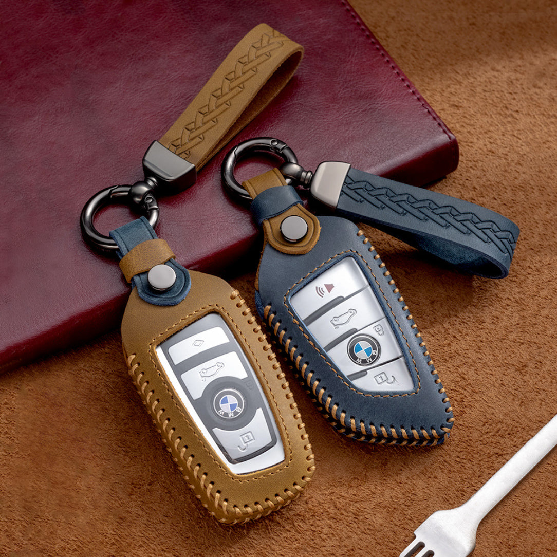 Premium leather key cover / protective cover (LEK66) suitable for BMW keys including carabiner + leather strap