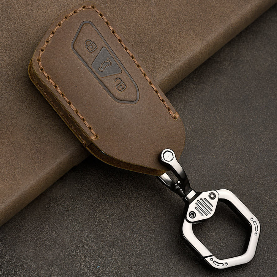 Premium leather key cover / protective cover (LEK68) suitable for Volkswagen, Skoda, Seat keys including carabiner