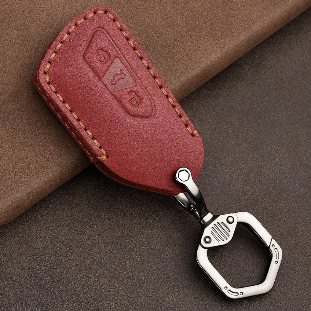 Premium leather key cover / protective cover (LEK68) suitable for Volkswagen, Skoda, Seat keys including carabiner