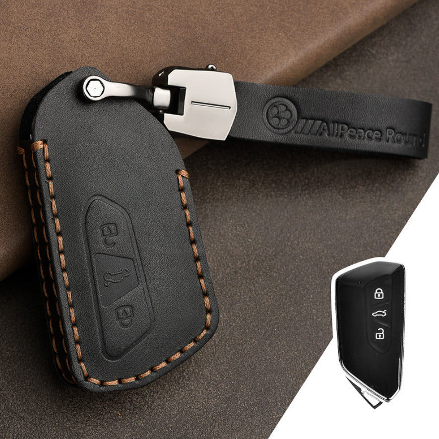 Premium leather key cover / protective cover (LEK68) suitable for Volkswagen, Skoda, Seat keys including carabiner