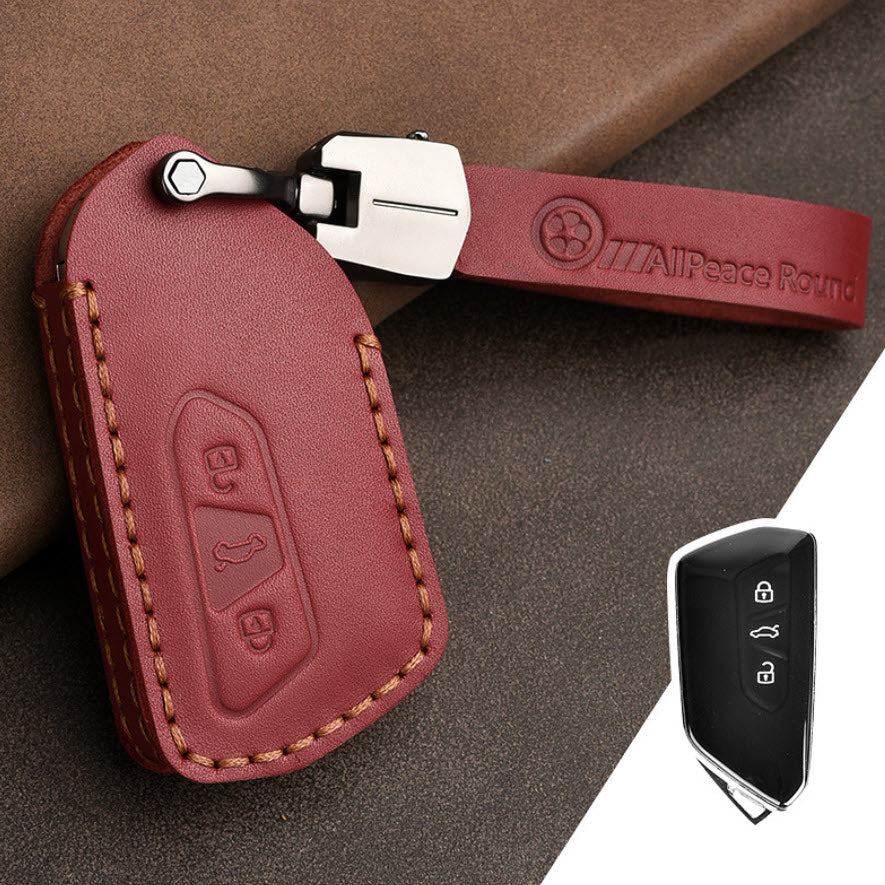 Premium leather key cover / protective cover (LEK68) suitable for Volkswagen, Skoda, Seat keys including carabiner