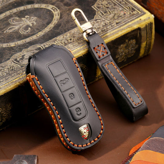 Premium leather key cover / protective cover (LEK64) suitable for Porsche keys including carabiner + leather strap