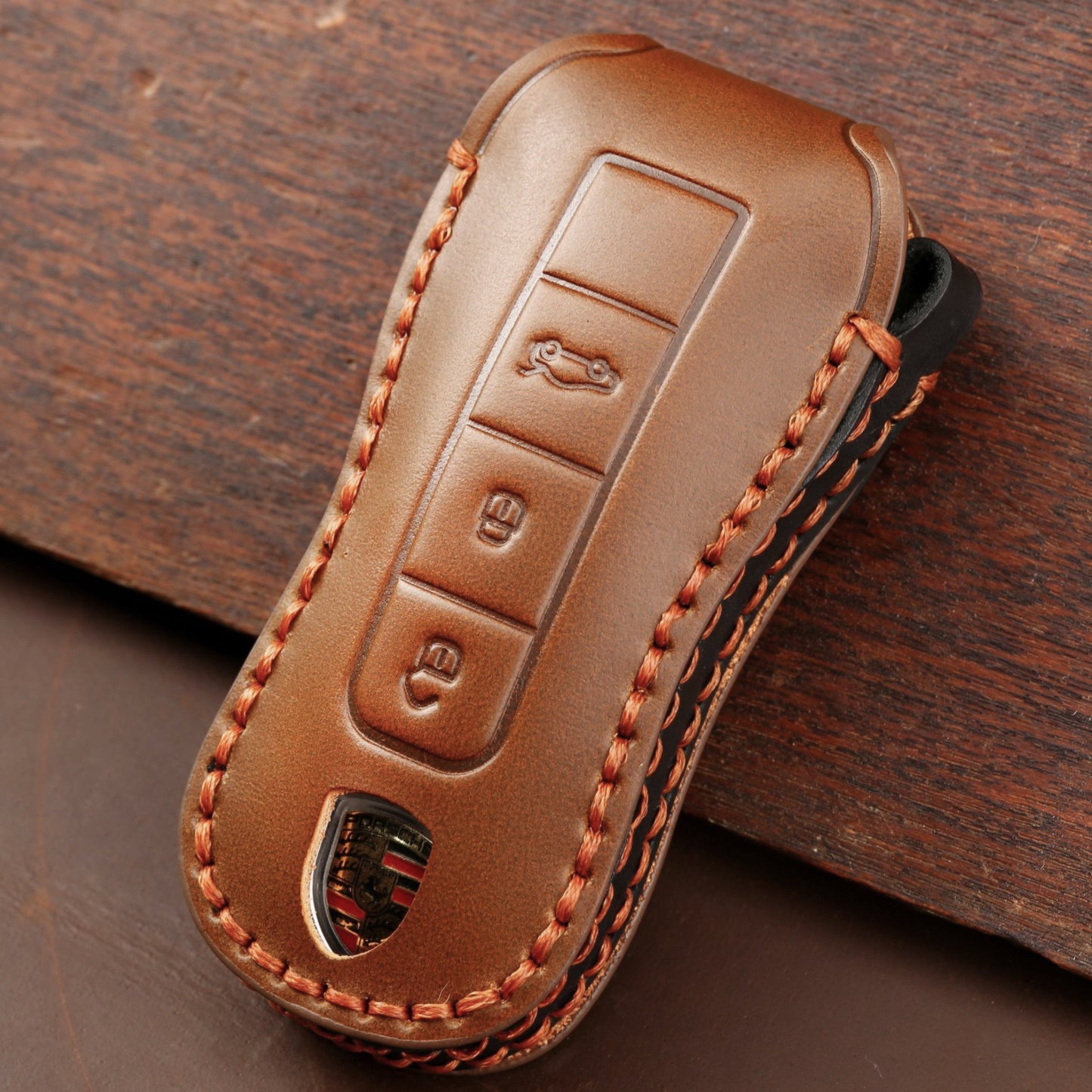 Premium leather key cover / protective cover (LEK64) suitable for Porsche keys including carabiner + leather strap