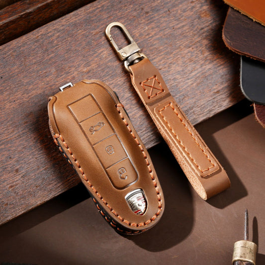 Premium leather key cover / protective cover (LEK64) suitable for Porsche keys including carabiner + leather strap