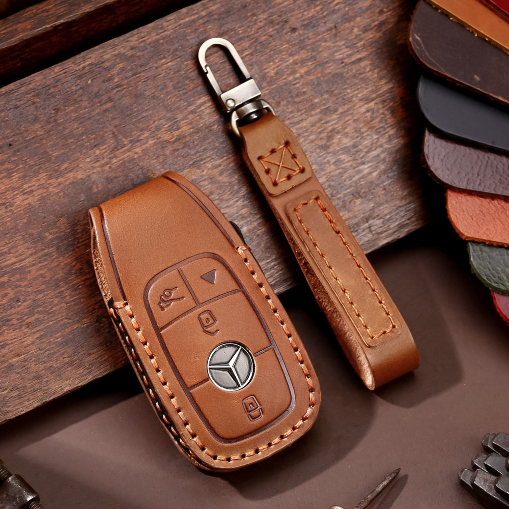 Premium Leder Schlüsselhülle / Schutzhülle (LEK64) passend für Mercedes-Benz  Schlüssel inkl. Karabiner + Lederband
