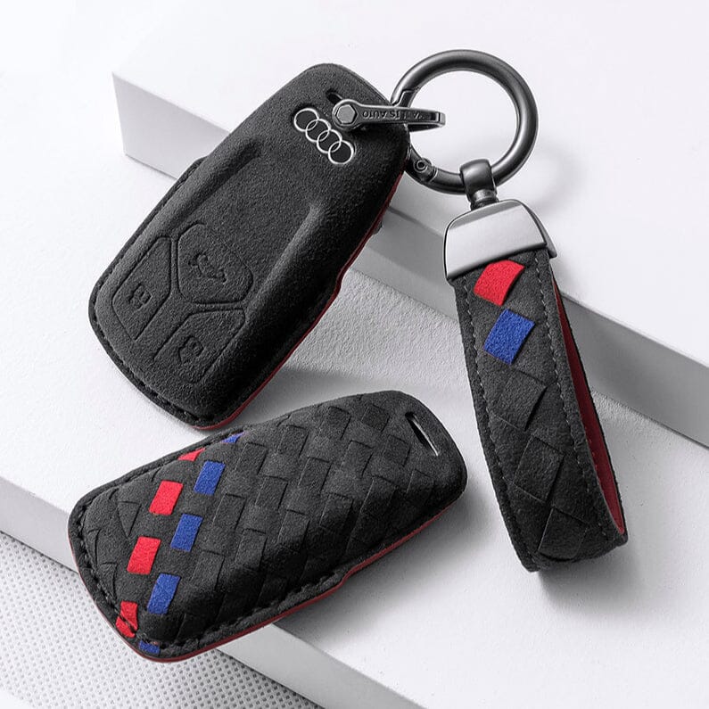 Alcantara Schlüsselhülle (LEK72) passend für Audi Schlüssel inkl. Schlüsselanhänger keyholster.com | the case company schwarz/rot/blau 