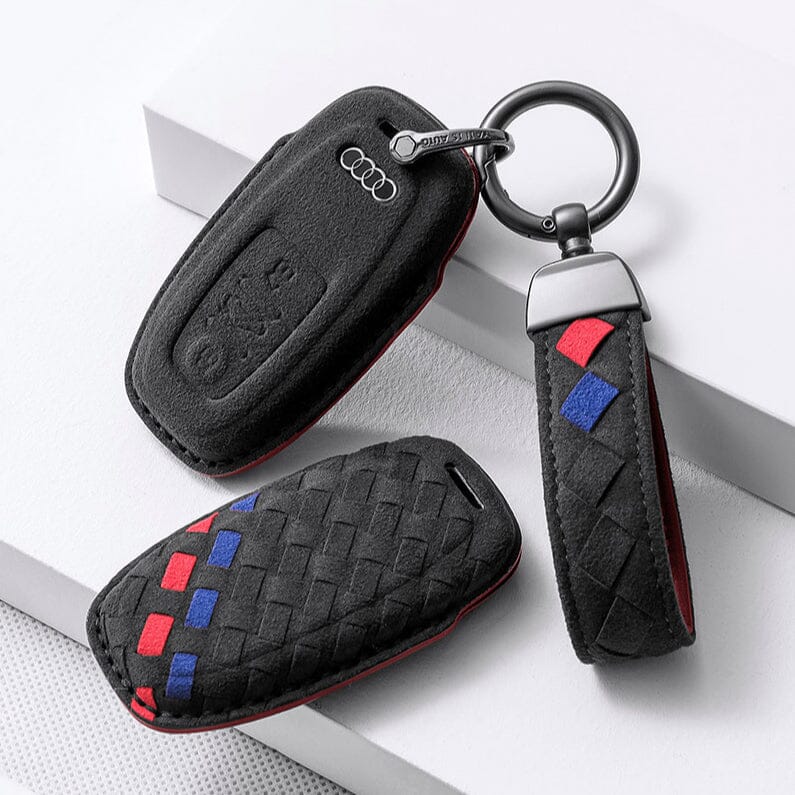 Alcantara Schlüsselhülle (LEK72) passend für Audi Schlüssel inkl. Schlüsselanhänger keyholster.com | the case company schwarz/rot/blau 