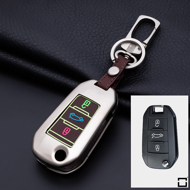 Alu Hartschalen Schlüssel Cover passend für Citroen, Peugeot Autoschlüssel mit Leuchtfunktion HEK17-P3 keyholster.com | the case company champagner matt/braun 
