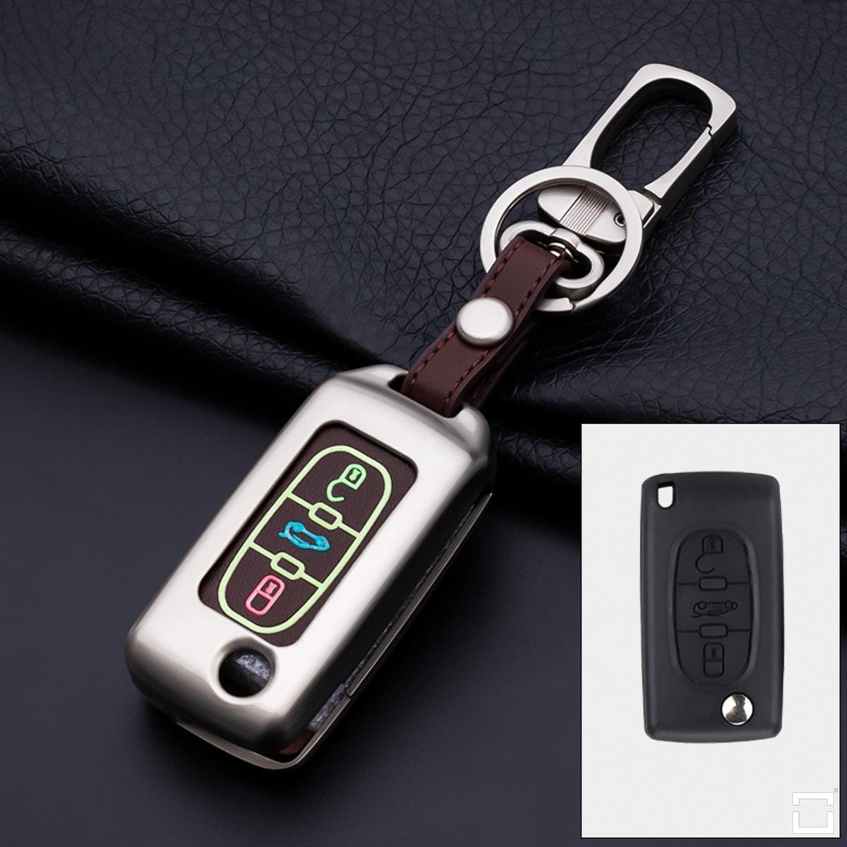 Alu Hartschalen Schlüssel Cover passend für Citroen, Peugeot Autoschlüssel mit Leuchtfunktion HEK17-PX2 keyholster.com | the case company champagner matt/braun 