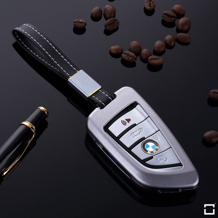 Aluminum key cover for BMW keys including leather strap HEK34-B6