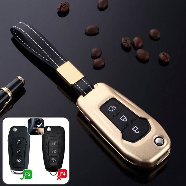 Alu Schlüssel Cover für Ford Schlüssel inkl. Lederband HEK34-F2 keyholster.com | the case company gold 