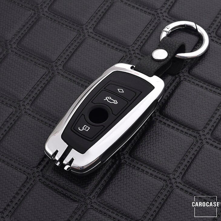 Alu Schlüssel Cover mit Silikon Tastenabdeckung passend für BMW Autoschlüssel HEK37-B5 keyholster.com | the case company silber 