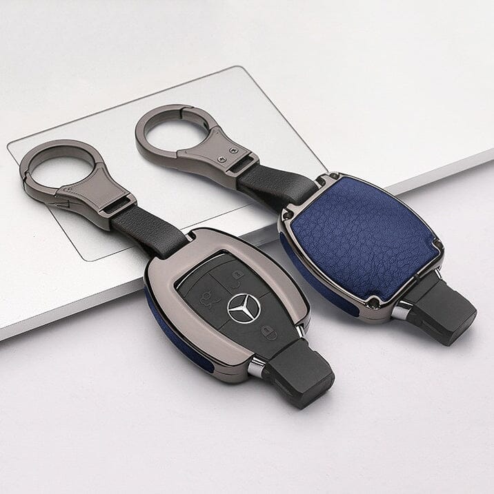 Aluminium, Leder Schlüssel Cover passend für Mercedes-Benz Schlüssel HEK15-M7 keyholster.com | the case company anthrazit/blau 