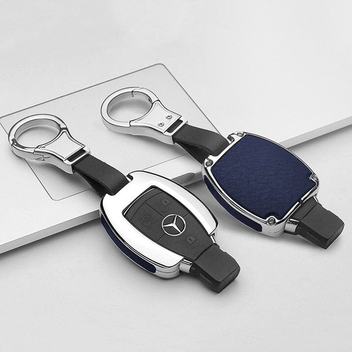 Aluminium, Leder Schlüssel Cover passend für Mercedes-Benz Schlüssel HEK15-M7 keyholster.com | the case company chrom/blau 