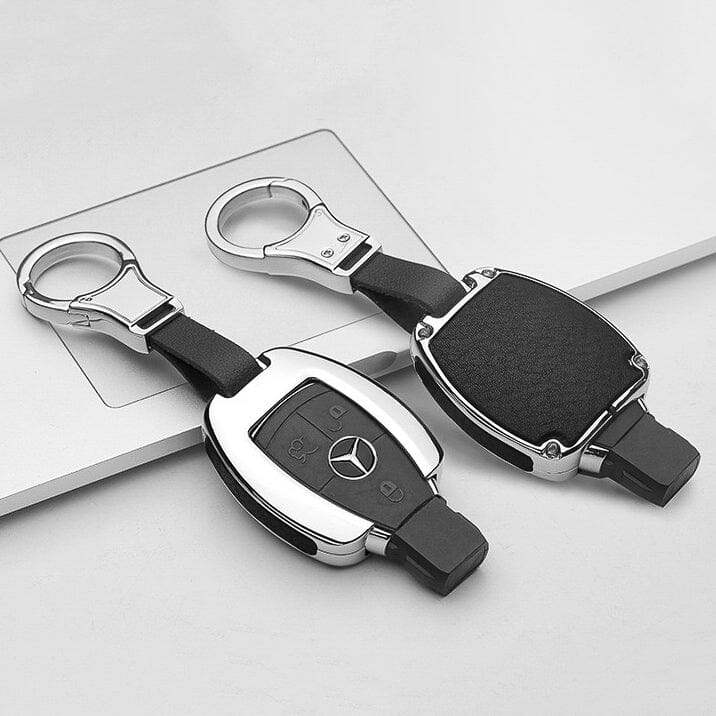 Aluminium, Leder Schlüssel Cover passend für Mercedes-Benz Schlüssel HEK15-M7 keyholster.com | the case company chrom/schwarz 