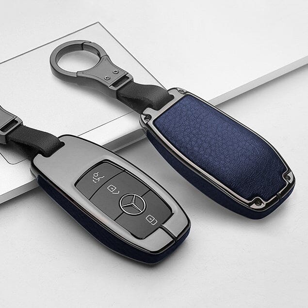 Aluminium, Leder Schlüssel Cover passend für Mercedes-Benz Schlüssel HEK15-M9 keyholster.com | the case company anthrazit/blau 