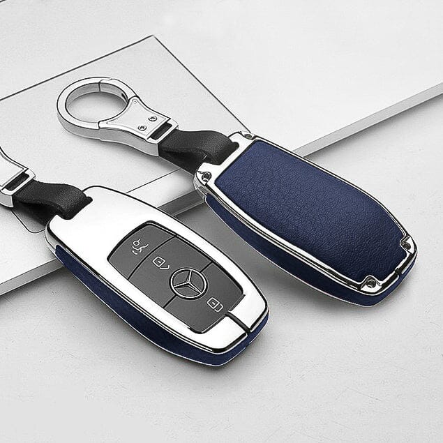 Aluminium, Leder Schlüssel Cover passend für Mercedes-Benz Schlüssel HEK15-M9 keyholster.com | the case company chrom/blau 