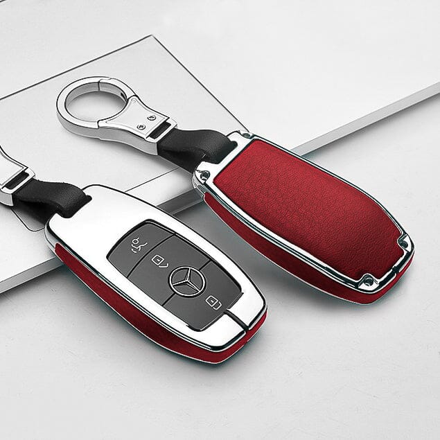 Aluminium, Leder Schlüssel Cover passend für Mercedes-Benz Schlüssel HEK15-M9 keyholster.com | the case company chrom/rot 