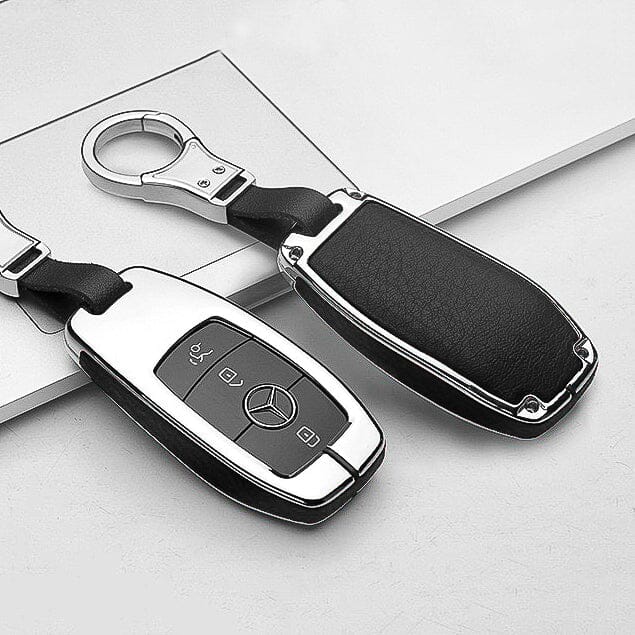 Aluminium, Leder Schlüssel Cover passend für Mercedes-Benz Schlüssel HEK15-M9 keyholster.com | the case company chrom/schwarz 