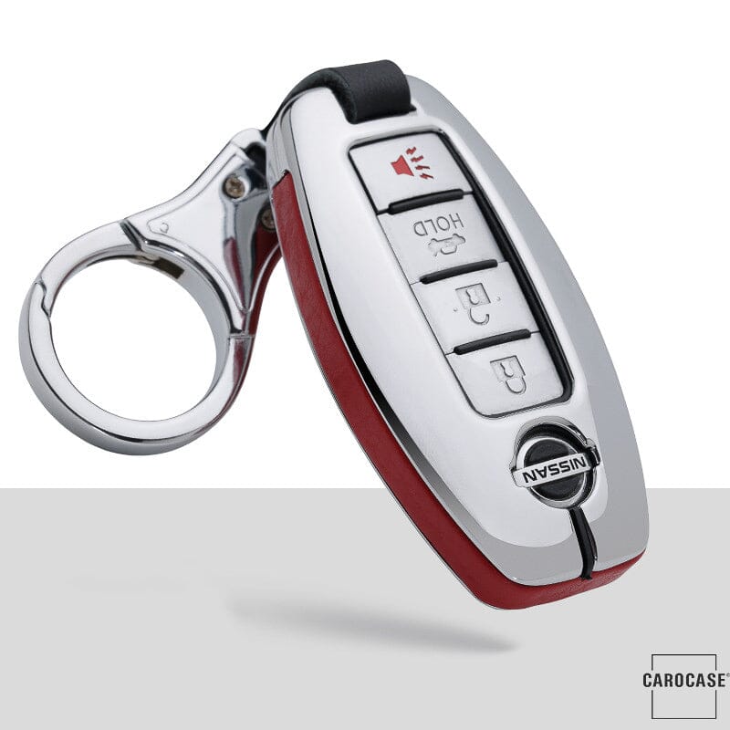 Aluminium, Leder Schlüssel Cover passend für Nissan Schlüssel HEK15-N5 keyholster.com | the case company chrom/rot 