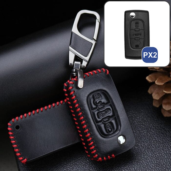 Leder Schlüssel Cover passend für Citroen, Peugeot Schlüssel CX2, PX2 keyholster.com | the case company schwarz/rot 